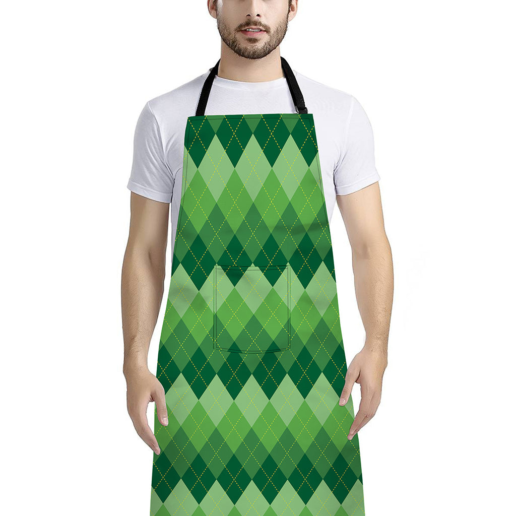 Grass Green Argyle Pattern Print Bib Apron With Pocket