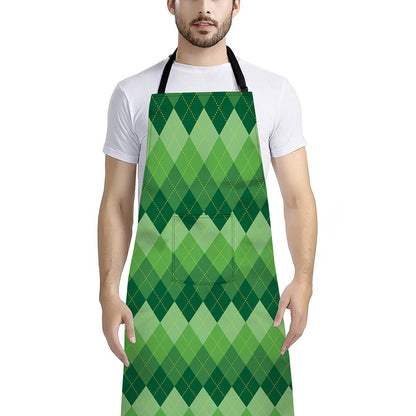 Grass Green Argyle Pattern Print Bib Apron With Pocket