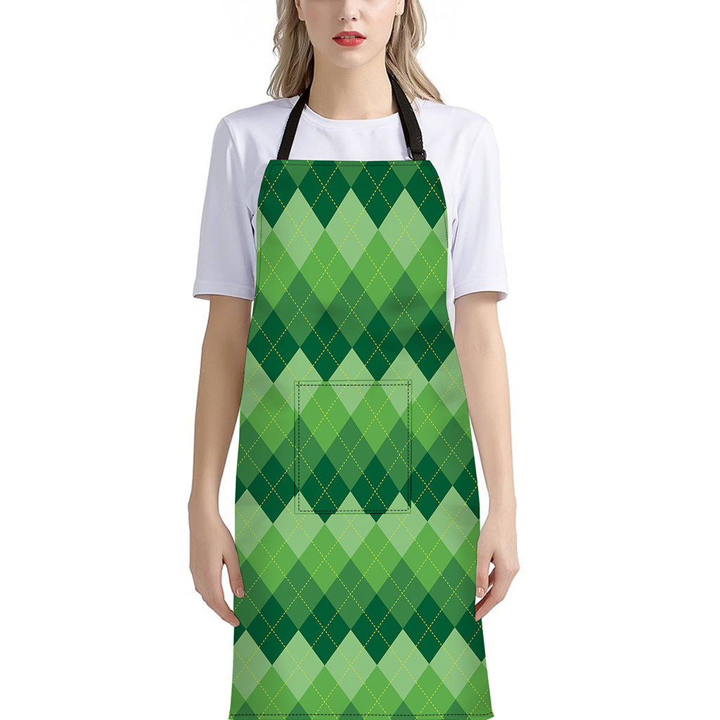 Grass Green Argyle Pattern Print Bib Apron With Pocket