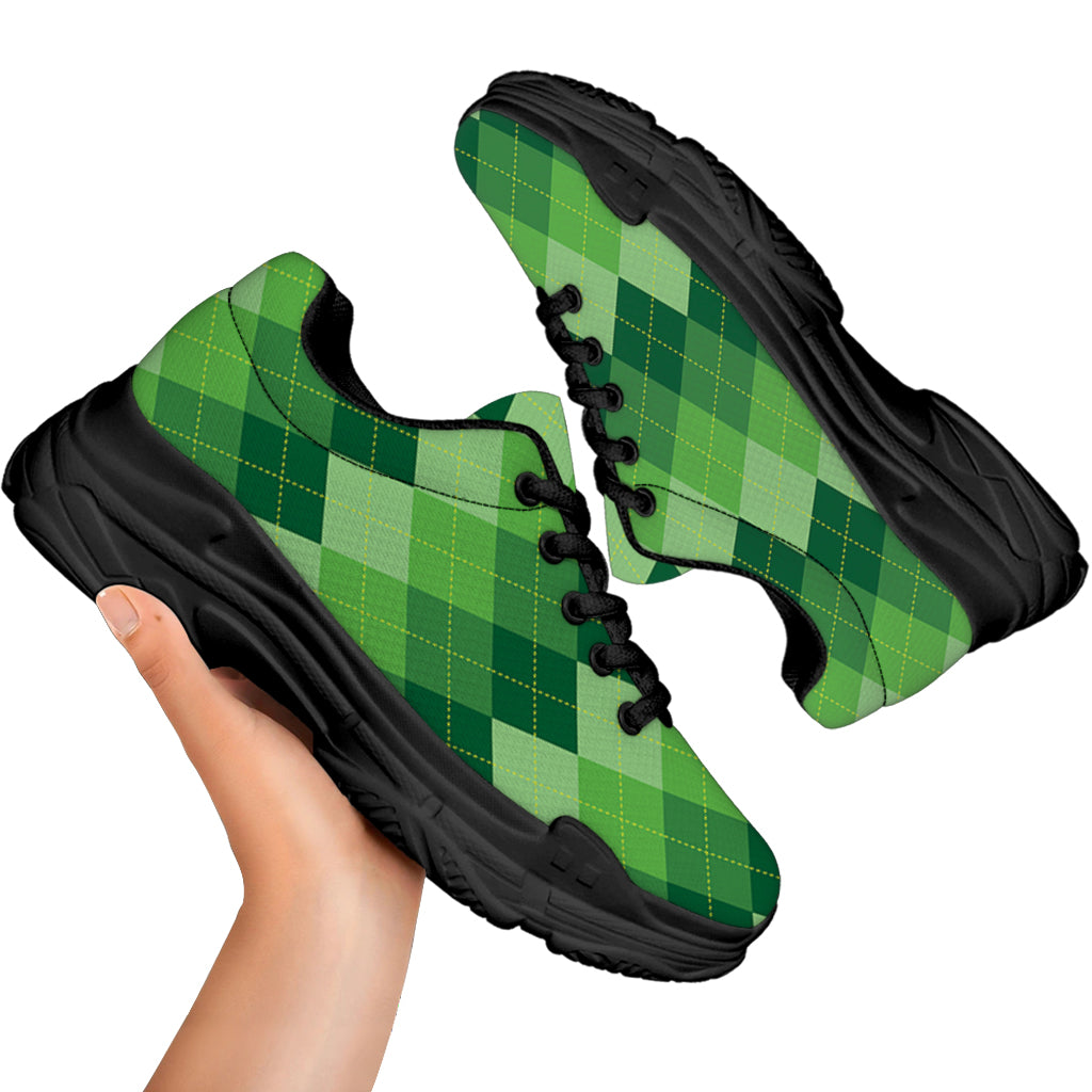 Grass Green Argyle Pattern Print Black Chunky Shoes