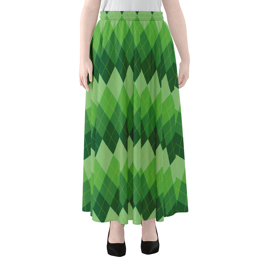 Grass Green Argyle Pattern Print Chiffon Maxi Skirt