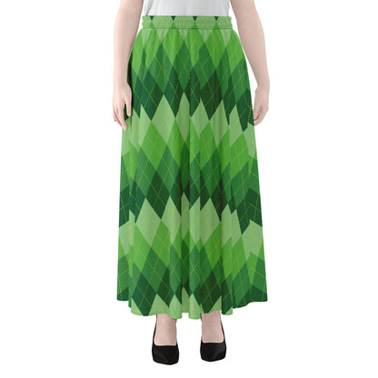 Grass Green Argyle Pattern Print Chiffon Maxi Skirt