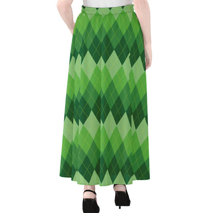 Grass Green Argyle Pattern Print Chiffon Maxi Skirt