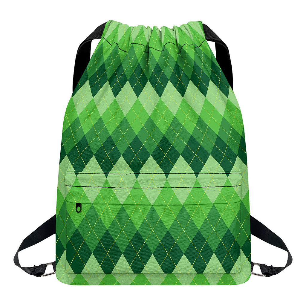 Grass Green Argyle Pattern Print Drawstring Backpack