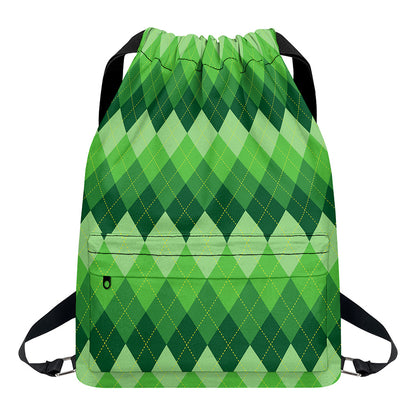 Grass Green Argyle Pattern Print Drawstring Backpack