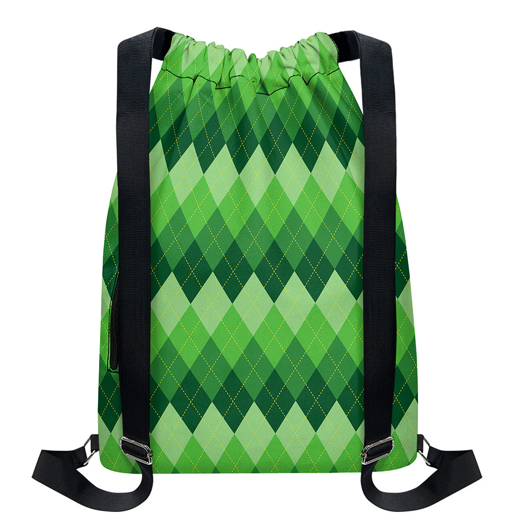 Grass Green Argyle Pattern Print Drawstring Backpack