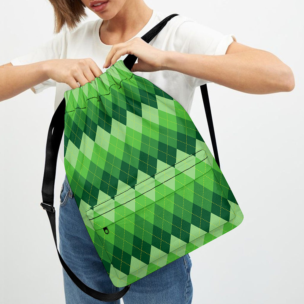 Grass Green Argyle Pattern Print Drawstring Backpack