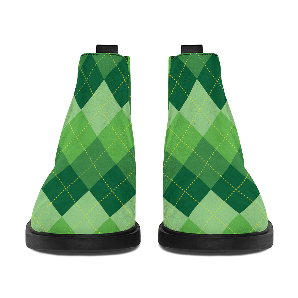 Grass Green Argyle Pattern Print Flat Ankle Boots