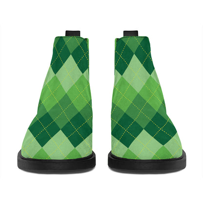 Grass Green Argyle Pattern Print Flat Ankle Boots
