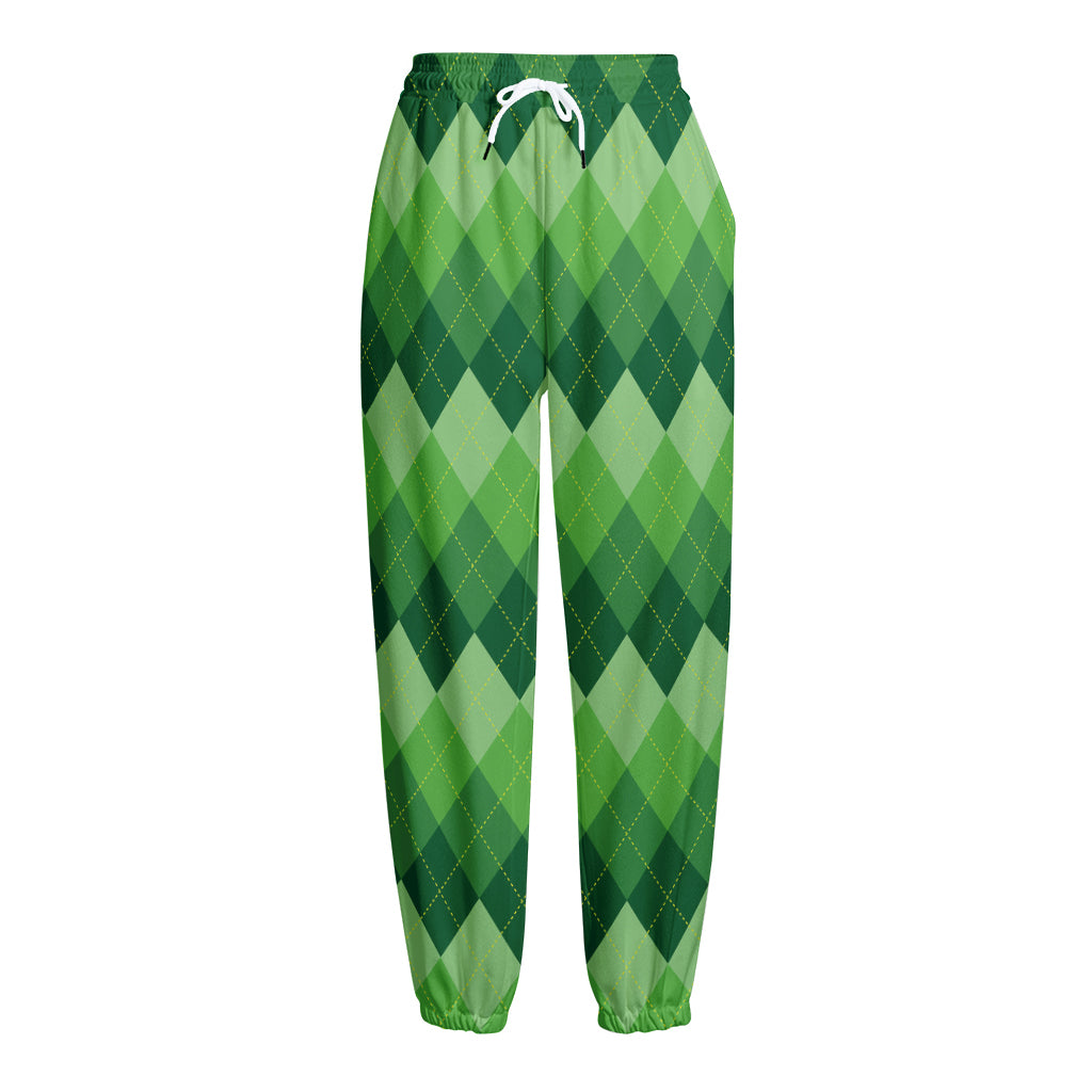 Grass Green Argyle Pattern Print Fleece Lined Knit Pants