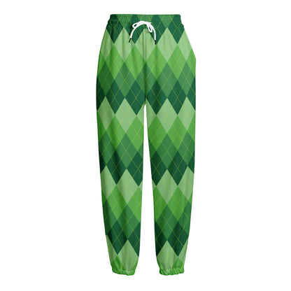 Grass Green Argyle Pattern Print Fleece Lined Knit Pants
