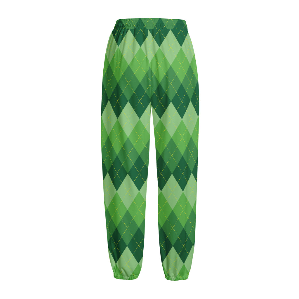 Grass Green Argyle Pattern Print Fleece Lined Knit Pants