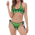 Grass Green Argyle Pattern Print Halter Scoop Tie Side Bikini