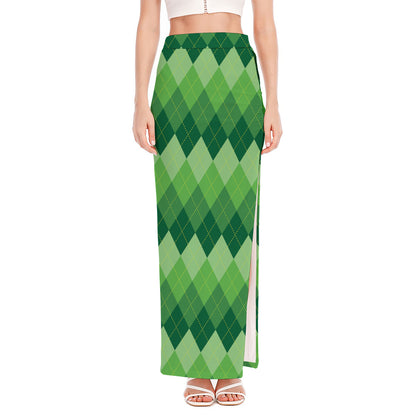 Grass Green Argyle Pattern Print High Slit Maxi Skirt