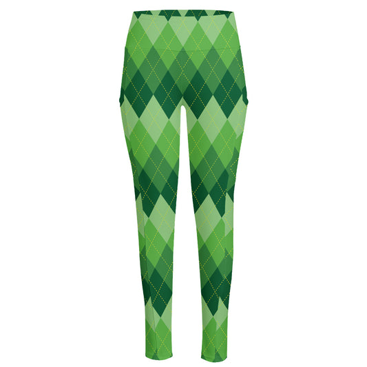 Grass Green Argyle Pattern Print High-Waisted Pocket Leggings