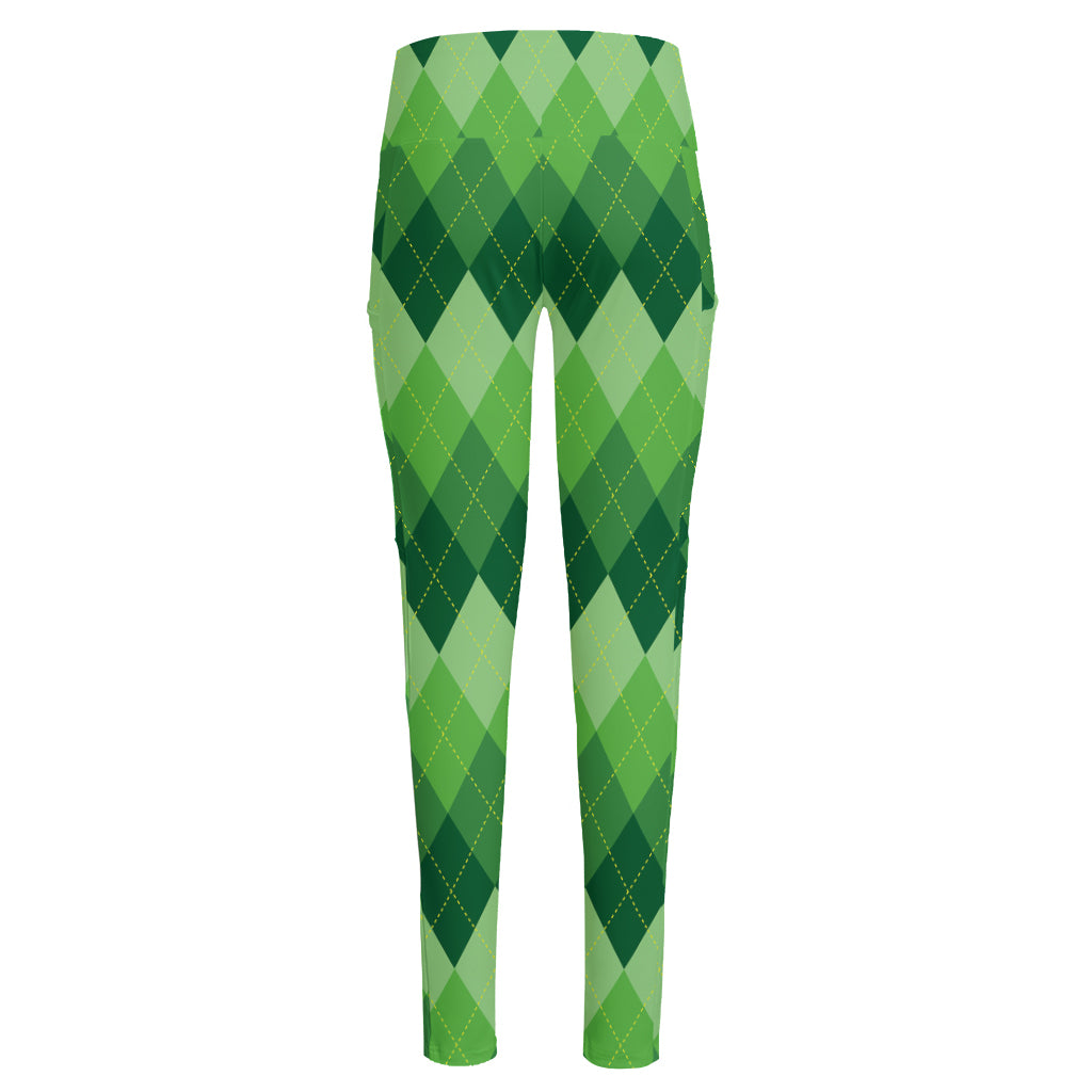 Grass Green Argyle Pattern Print High-Waisted Pocket Leggings