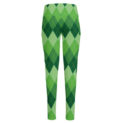 Grass Green Argyle Pattern Print High-Waisted Pocket Leggings