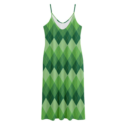 Grass Green Argyle Pattern Print Jersey Midi Cami Dress