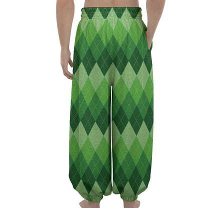 Grass Green Argyle Pattern Print Lantern Pants