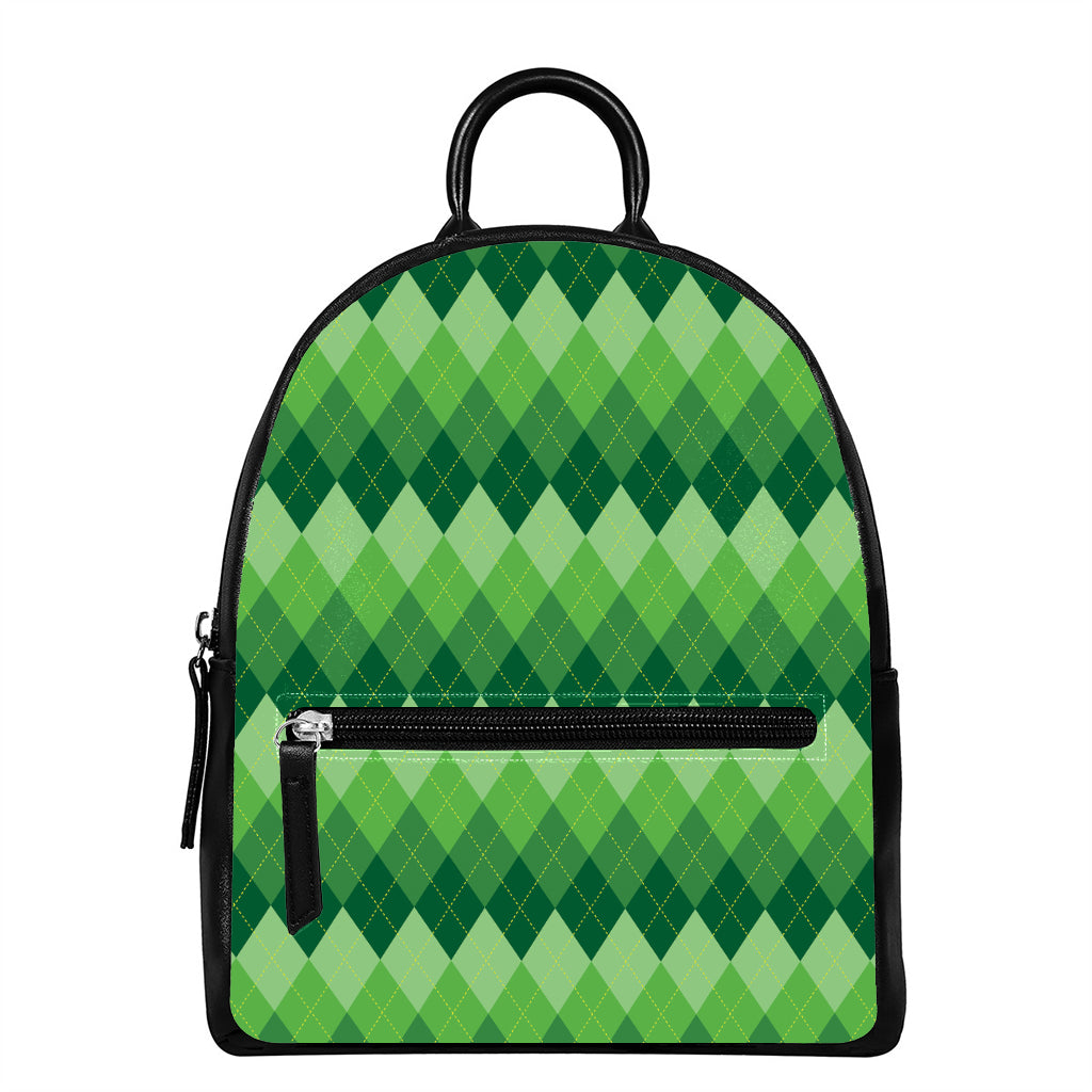 Grass Green Argyle Pattern Print Leather Backpack