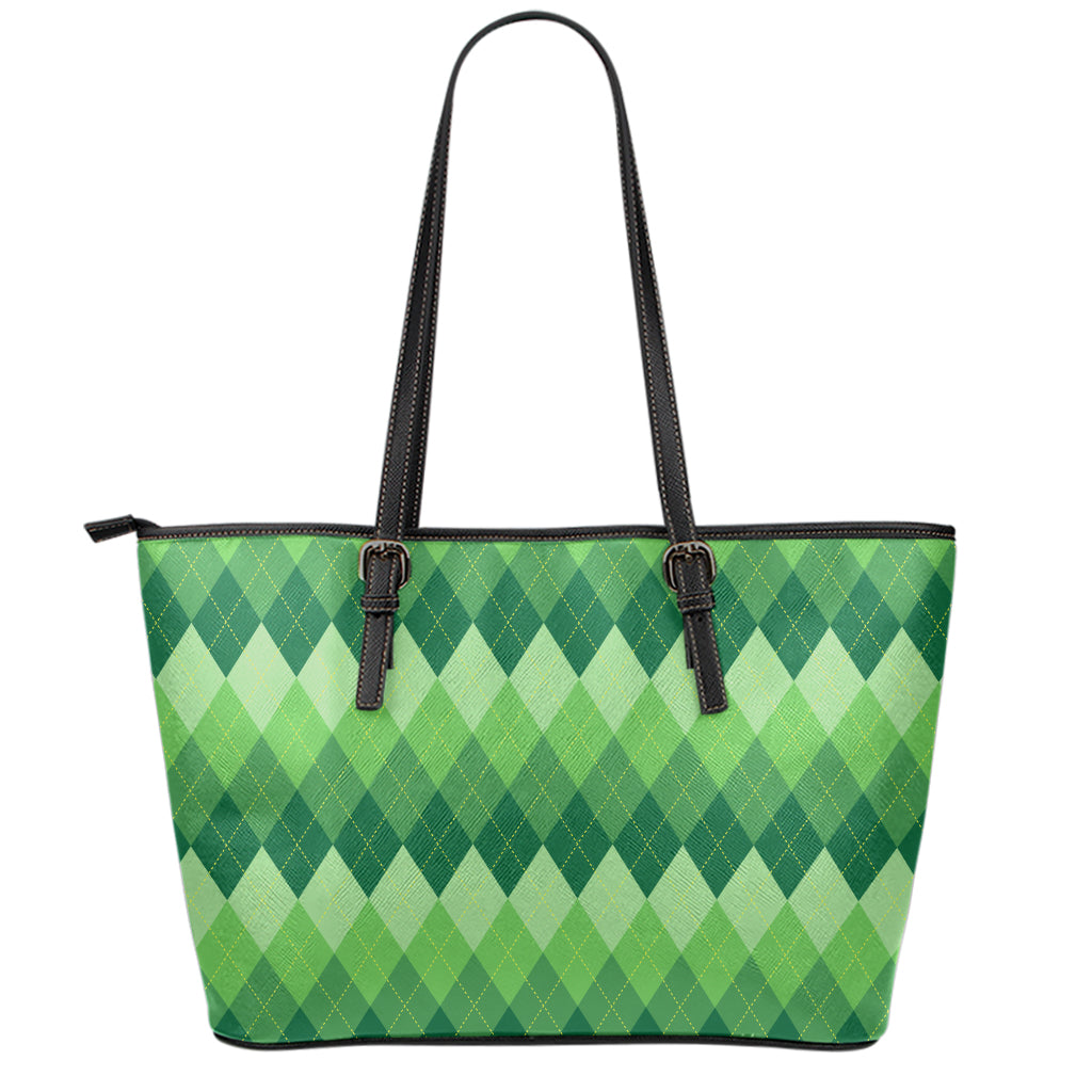 Grass Green Argyle Pattern Print Leather Tote Bag