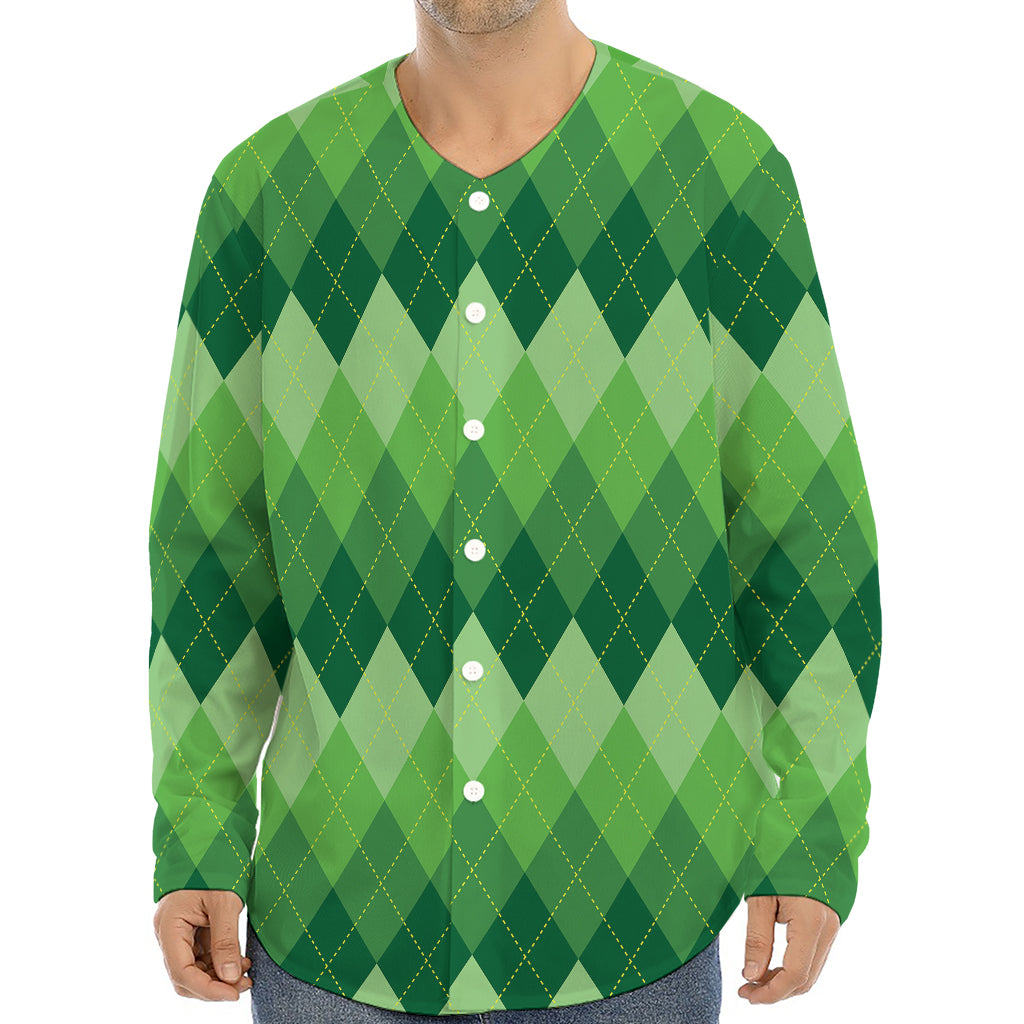 Grass Green Argyle Pattern Print Long Sleeve Baseball Jersey