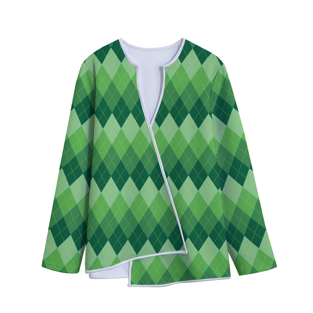 Grass Green Argyle Pattern Print Long Sleeve Short Coat