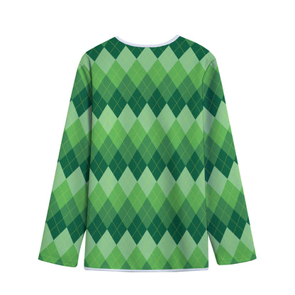 Grass Green Argyle Pattern Print Long Sleeve Short Coat