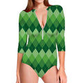 Grass Green Argyle Pattern Print Long Sleeve Swimsuit