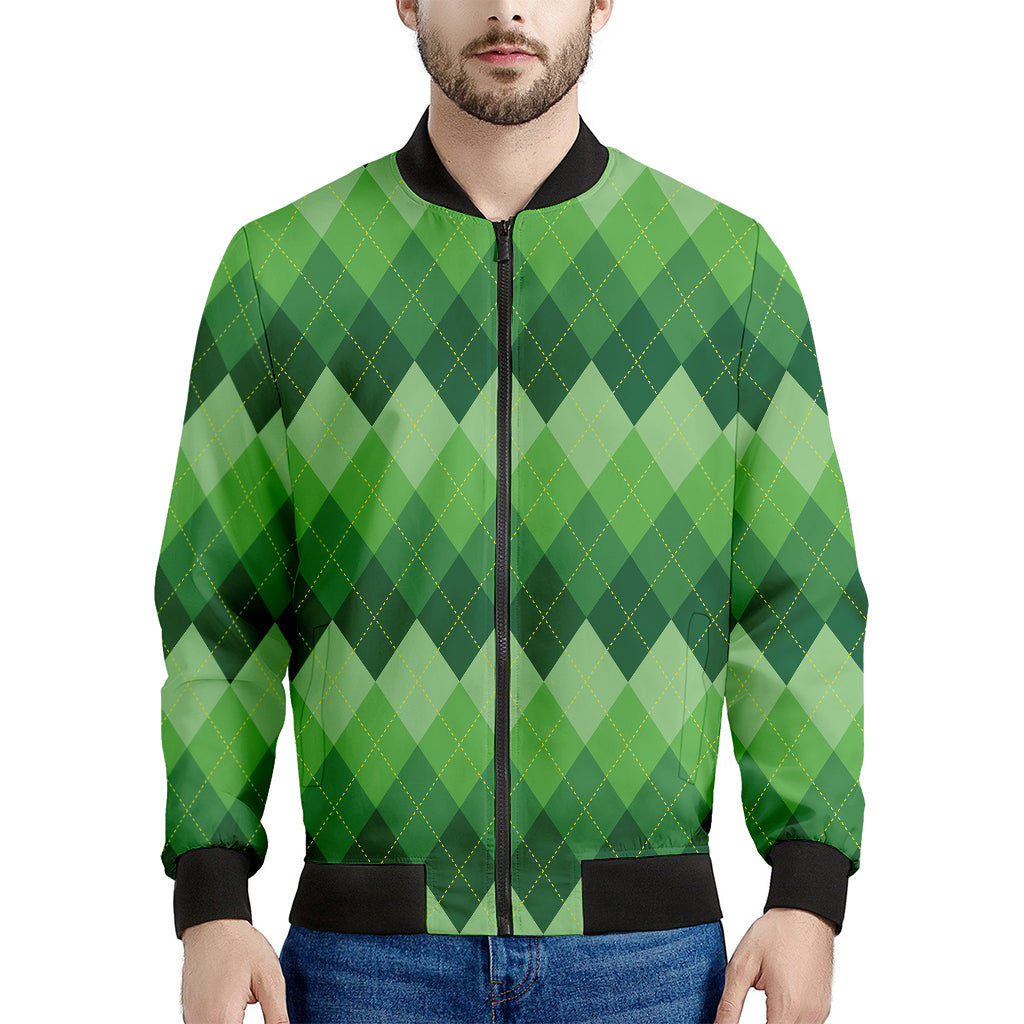 Grass Green Argyle Pattern Print Men's Bomber Jacket