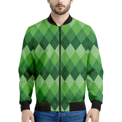 Grass Green Argyle Pattern Print Men's Bomber Jacket