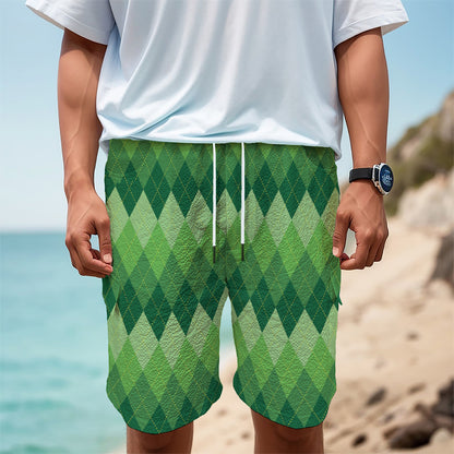 Grass Green Argyle Pattern Print Men's Cargo Shorts