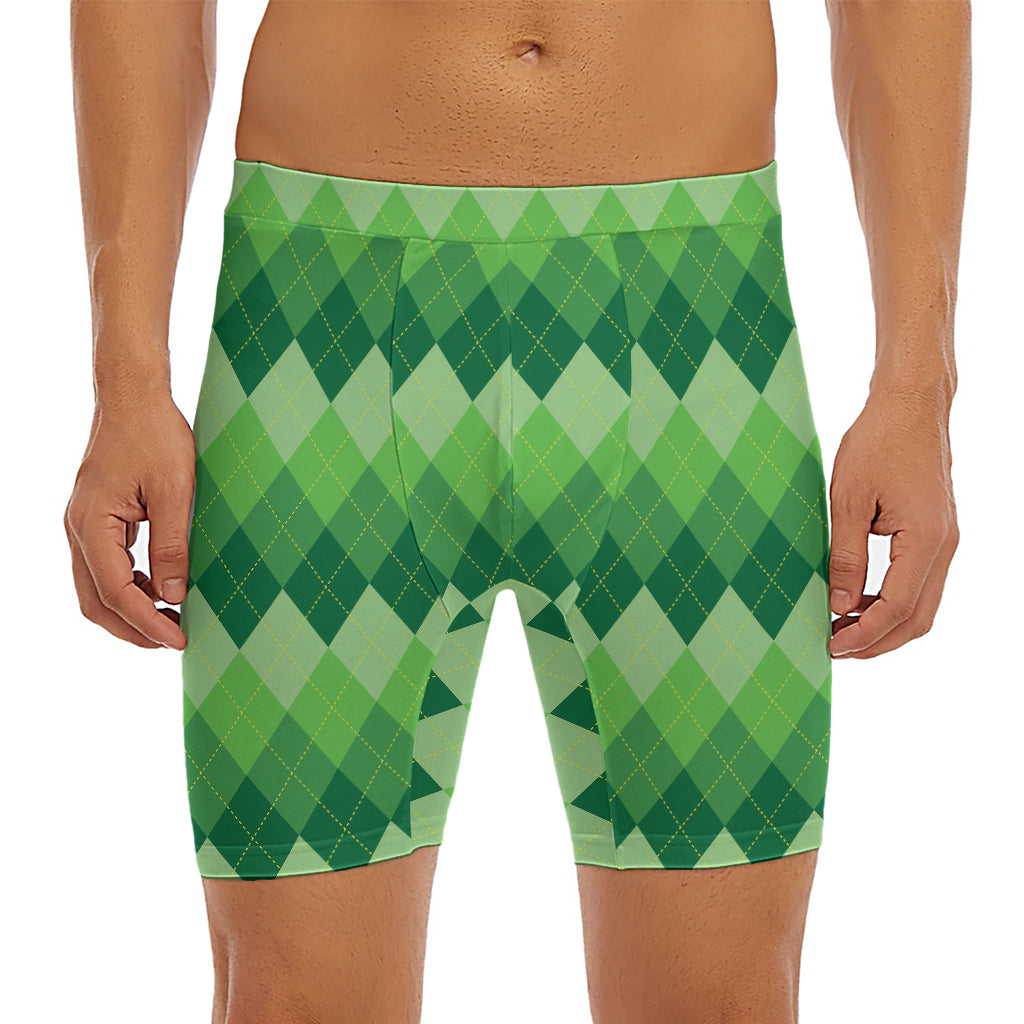 Grass Green Argyle Pattern Print Men's Long Boxer Briefs