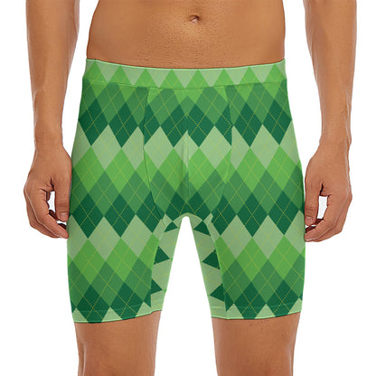 Grass Green Argyle Pattern Print Men's Long Boxer Briefs