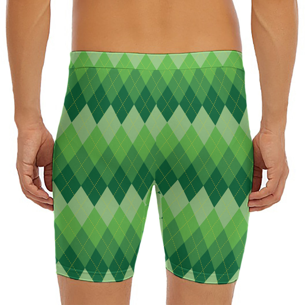 Grass Green Argyle Pattern Print Men's Long Boxer Briefs