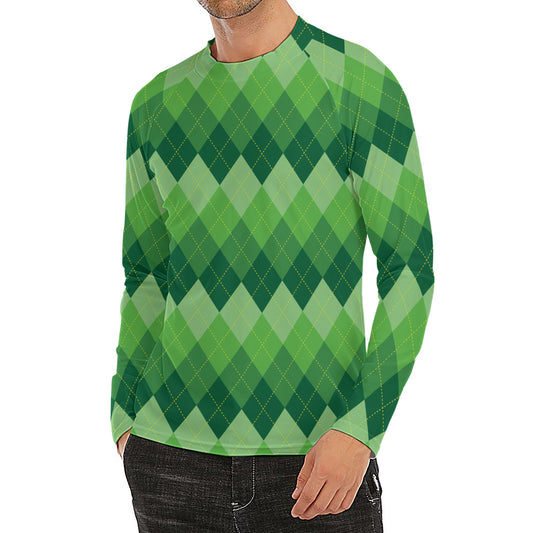 Grass Green Argyle Pattern Print Men's Long Sleeve Rash Guard
