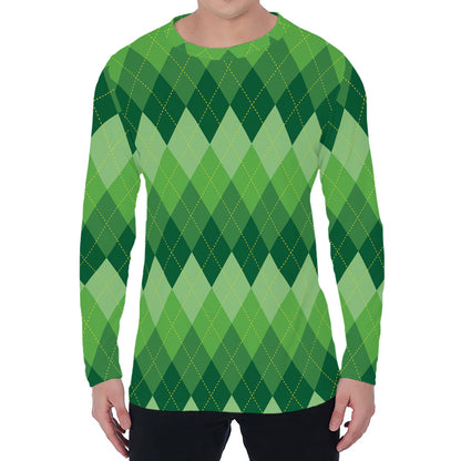 Grass Green Argyle Pattern Print Men's Long Sleeve T-Shirt