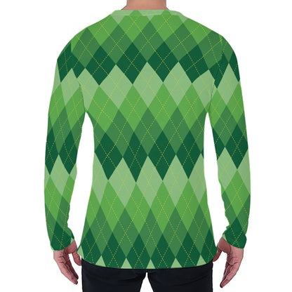 Grass Green Argyle Pattern Print Men's Long Sleeve T-Shirt