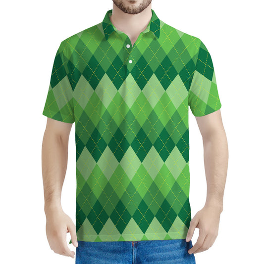 Grass Green Argyle Pattern Print Men's Polo Shirt