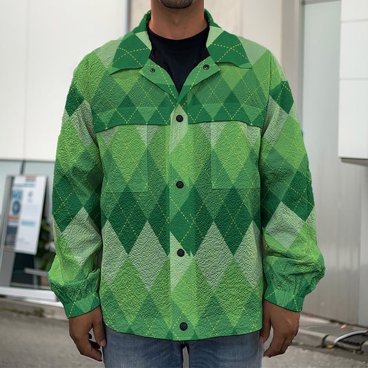 Grass Green Argyle Pattern Print Men's Shirt Jacket