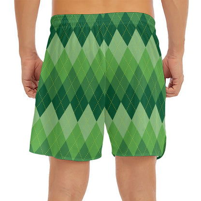 Grass Green Argyle Pattern Print Men's Split Running Shorts