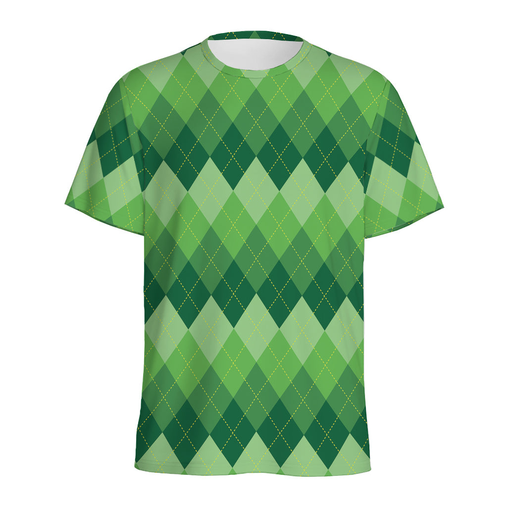 Grass Green Argyle Pattern Print Men's Sports T-Shirt
