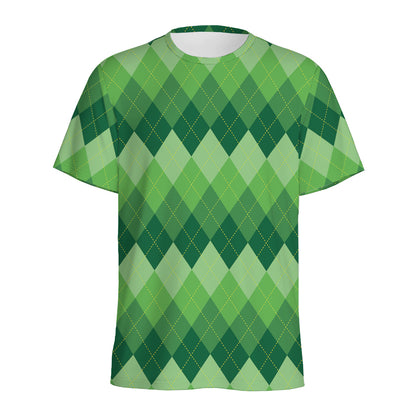 Grass Green Argyle Pattern Print Men's Sports T-Shirt