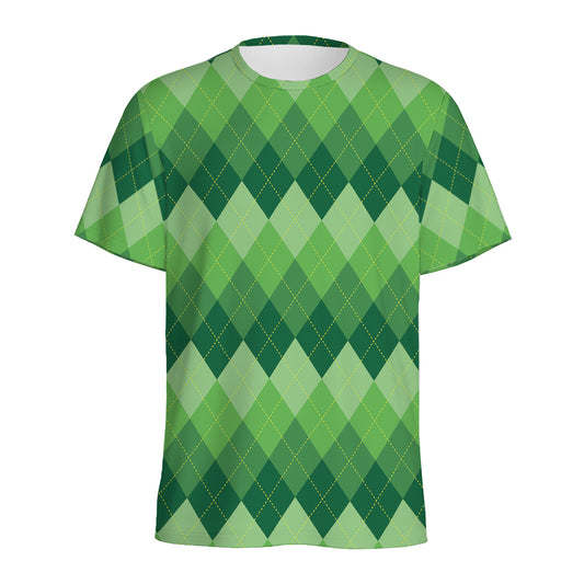 Grass Green Argyle Pattern Print Men's Sports T-Shirt