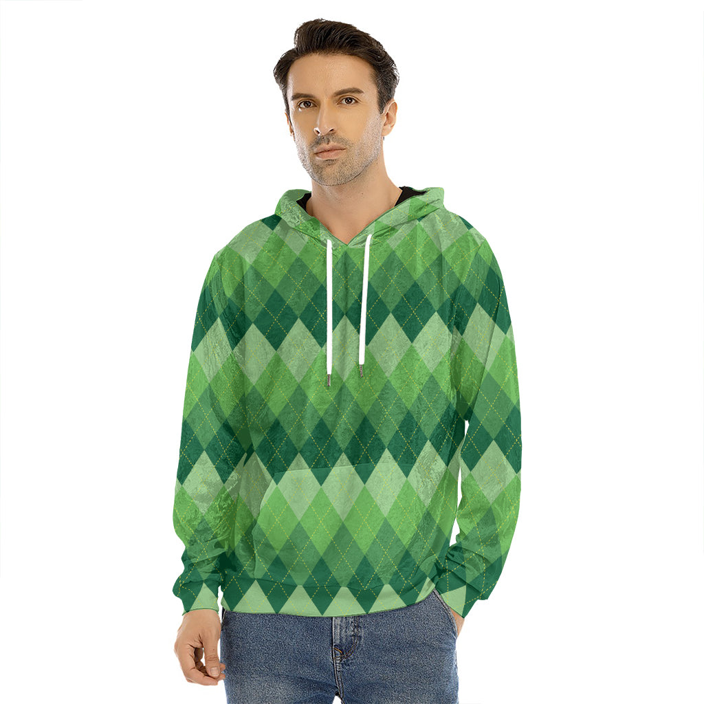 Grass Green Argyle Pattern Print Men's Velvet Pullover Hoodie