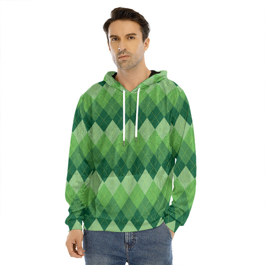 Grass Green Argyle Pattern Print Men's Velvet Pullover Hoodie