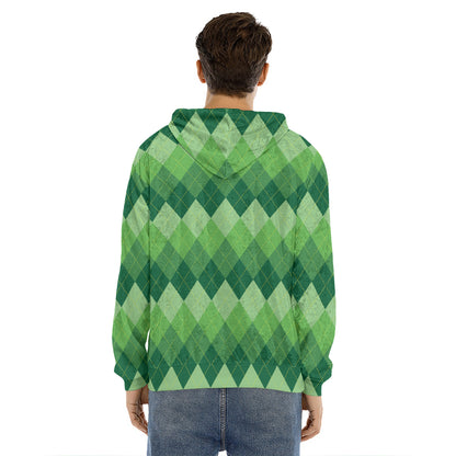 Grass Green Argyle Pattern Print Men's Velvet Pullover Hoodie