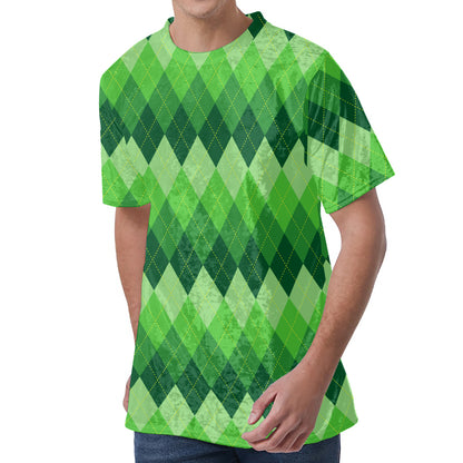Grass Green Argyle Pattern Print Men's Velvet T-Shirt