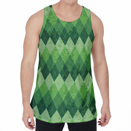 Grass Green Argyle Pattern Print Men's Velvet Tank Top