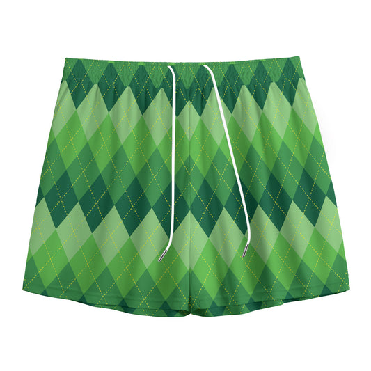 Grass Green Argyle Pattern Print Mesh Shorts